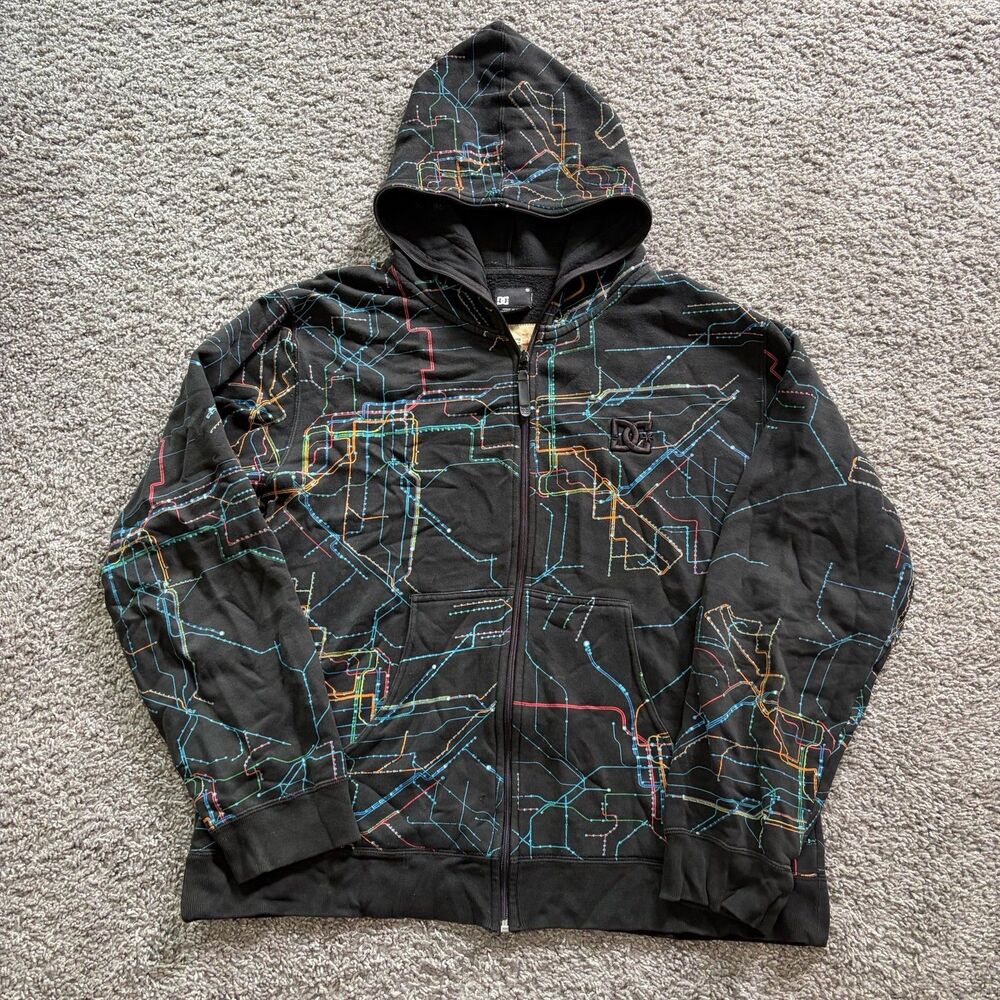 Vintage Y2K DC Shoes Spec Op Subway Map AOP All Over Print Full Zip Hoodie Large